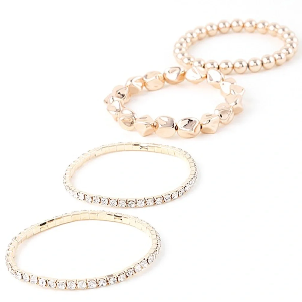 4 PCS Gold & Rhinestone Stretch Bracelets - Picture 2 of 3